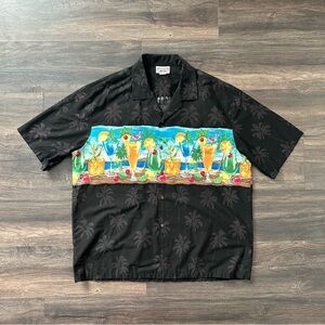 Black Short Sleeve Hawaiian Shirt Colorful Cocktail Print Mens V-Neck Collar 2XL